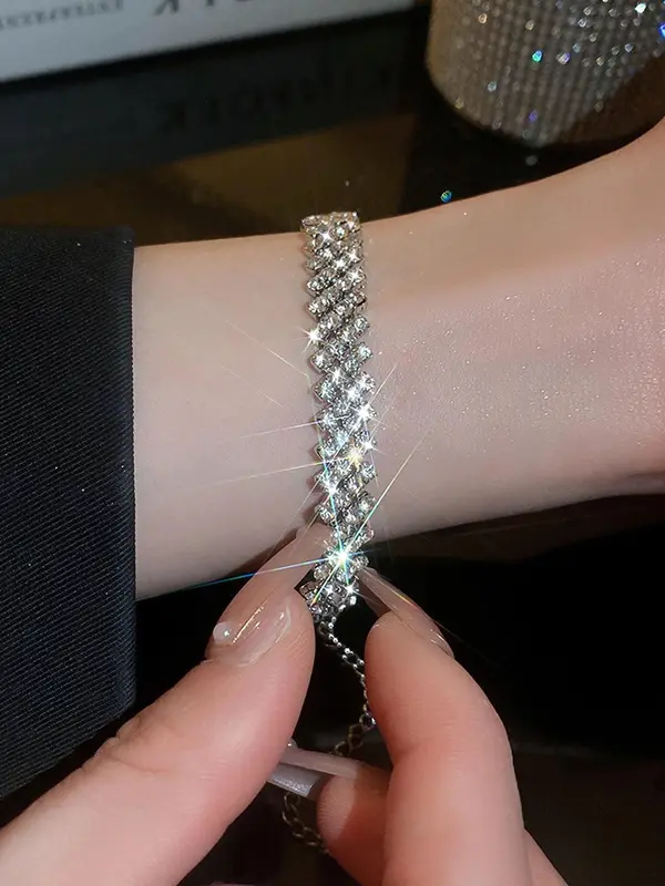 Rhombus Rhinestone Decor Tennis Link Bracelet, Fashionable Elastic Bracelet For Women For Party, Daily Clothing Decor For Girl 6