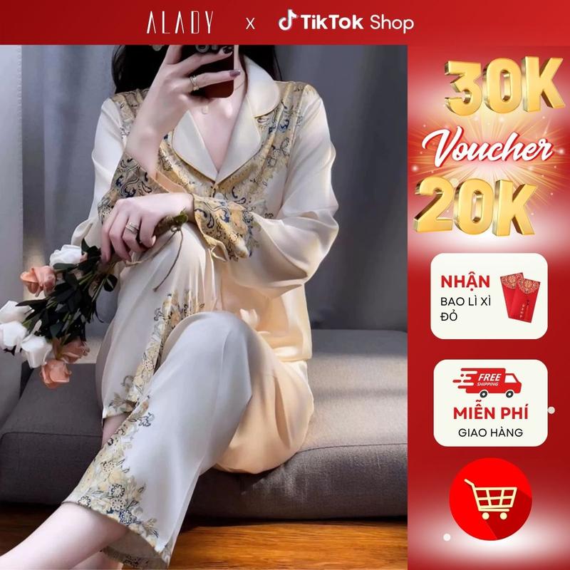 ALADY TD019 - Đồ bộ Nữ Pijama tay dài họa tiết hoa văn với chất liệu lụa Latin cao cấp  Quần Ngủ Voi Áo Ngủ