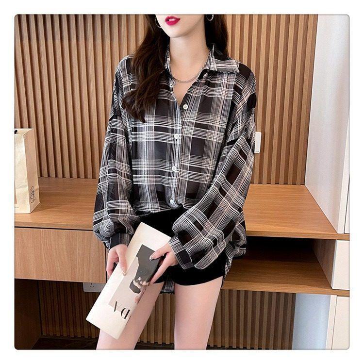 Product Introduction of Sun Protection Clothing for Women Thin Plaid Chiffon Shirt Oversize Coat for Women Breathable New Summer Loose Shirt Women 15