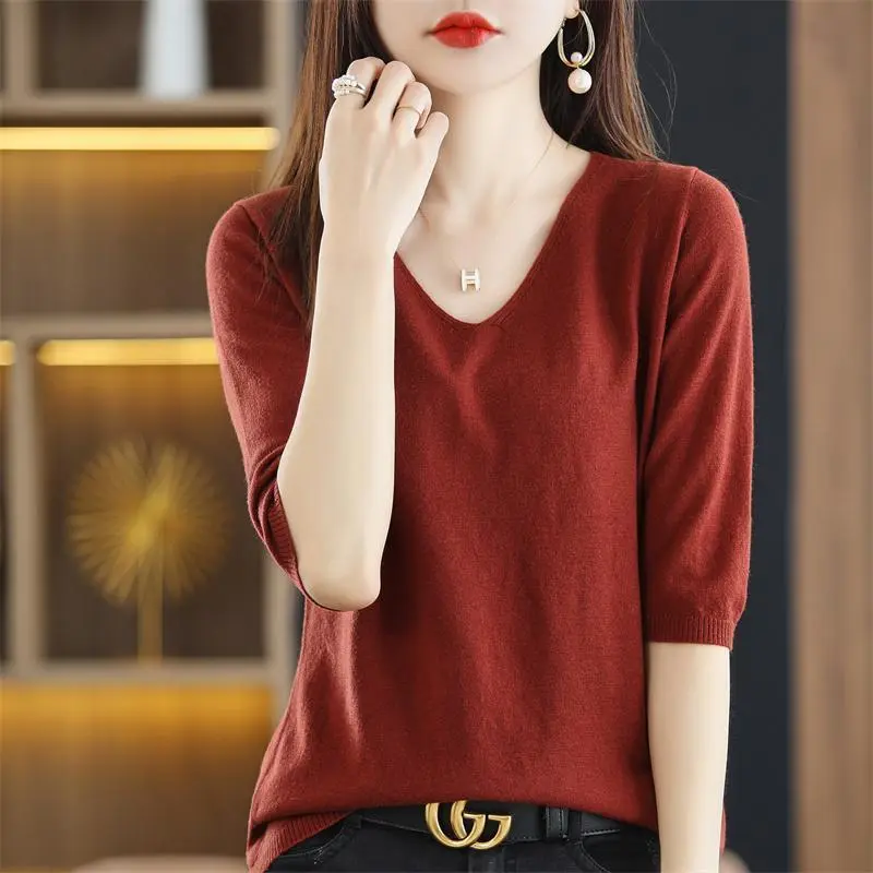 Áo Chui Đầu Cổ Chữ V, Tay Lửng, Mùa Xuân Và Mùa Hè Mới, Áo Sơ Mi Nữ, Phong Cách Hàn Quốc, Dáng Rộng Vừa Vặn, Áo Thun Len Dệt Kim Phong Cách Phương Tây, Áo Sơ Mi Nữ, Mỏng, Quần Áo Nữ Women Top 2