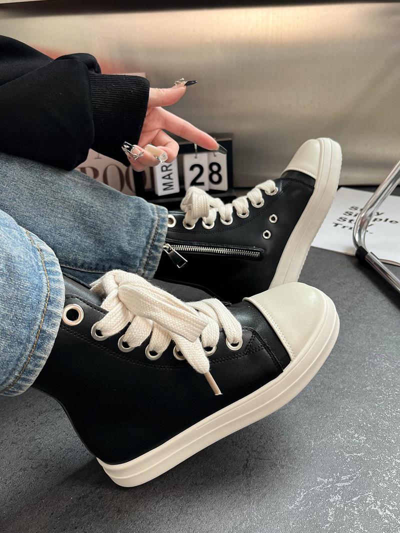 Product Introduction of Fashionable Colorblock High Top Lace Up Sneakers, Casual Comfortable Round Toe Shoes for Daily Wear, Female All-match Shoes for Daily Wear 1