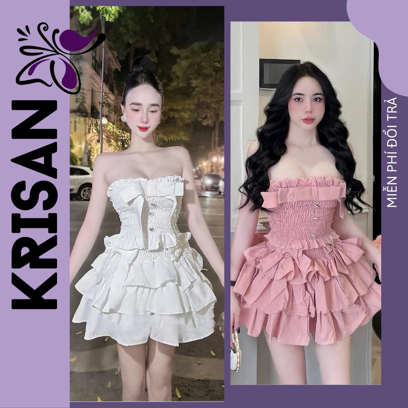 Set Bộ 2 Món Áo Cúp Ngực Kiểu Ống Đính Nơ Form Ôm Và Chân Váy Ngắn 3 Tầng Phồng Xoè ,Đầm Váy Phồng Cúp Ngực Đi Tiệc Đi Biển KRISHAN