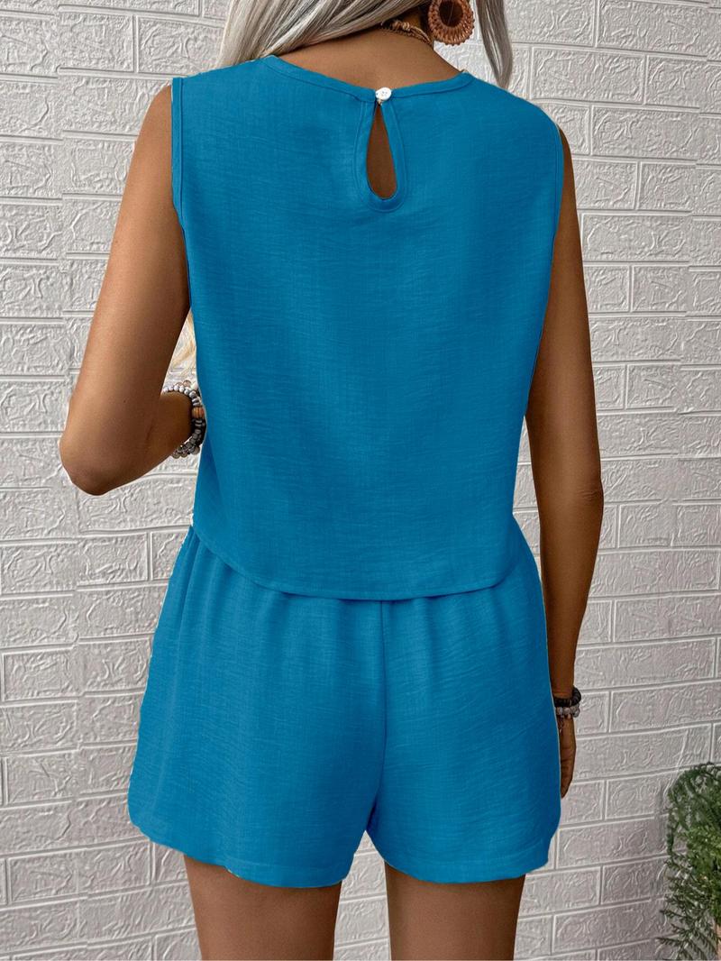 Product Introduction of Women's Solid Color Top & Shorts Two-piece Set, Casual Sleeveless Top & Wide Leg Shorts for Daily Wear, Ladies Two-piece Outfits for All Seasons 7