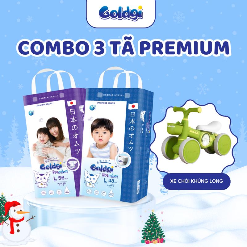 Combo 3 Bỉm Goldgi Premium Tặng Xe Chòi Khùng Long