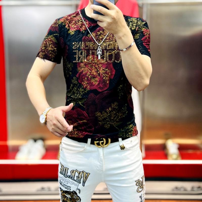 Áo Thun ngắn Tay Nam, Jacquard Rhinestone In Hoa Hồng, Thời Trang, Dễ Phối Đồ, Phong Cách Người Nổi Tiếng Trên Internet, Dáng Ôm, Hàng Mới Về Năm 2025 1