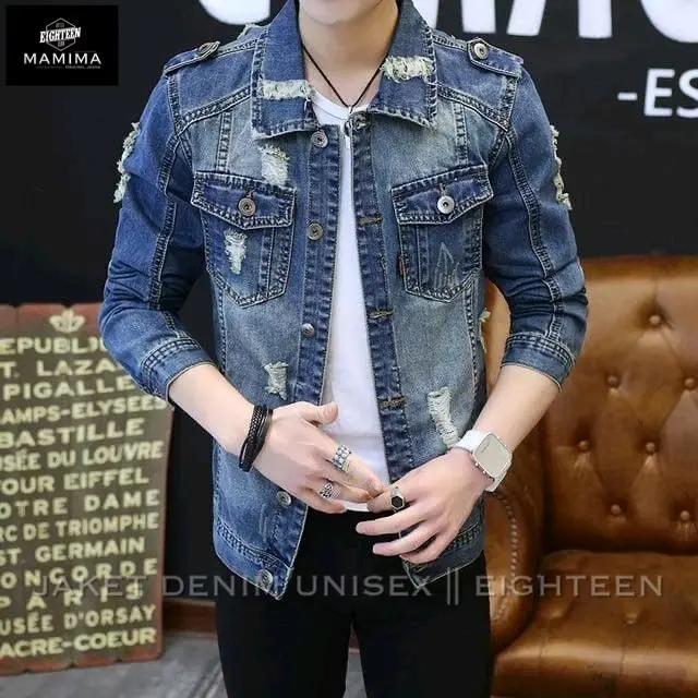 Jaket Jeans Pria Model Sobek Polos Denim Santai Keren Distro Cowok Terlaris