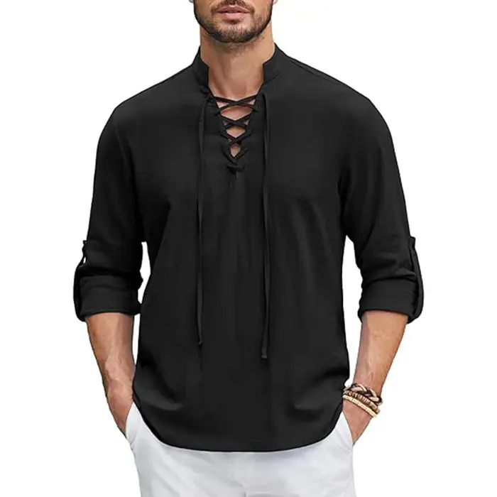 Kemeja Pria Lengan Panjang Kasual Bahan Linen Renaisans Gaya Abad Pertengahan Kostum Halloween Casual baju lelaki