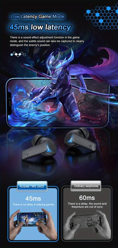 Product Introduction of TWS chơi game T33, tiêu thụ độ trễ thấp, âm trầm hai tai, âm nhạc và cuộc gọi điện thoại, tai nghe Bluetooth không dây, những người đam mê trò chơi, cách âm, giảm tiếng ồn, thích hợp cho IOS/Android 5