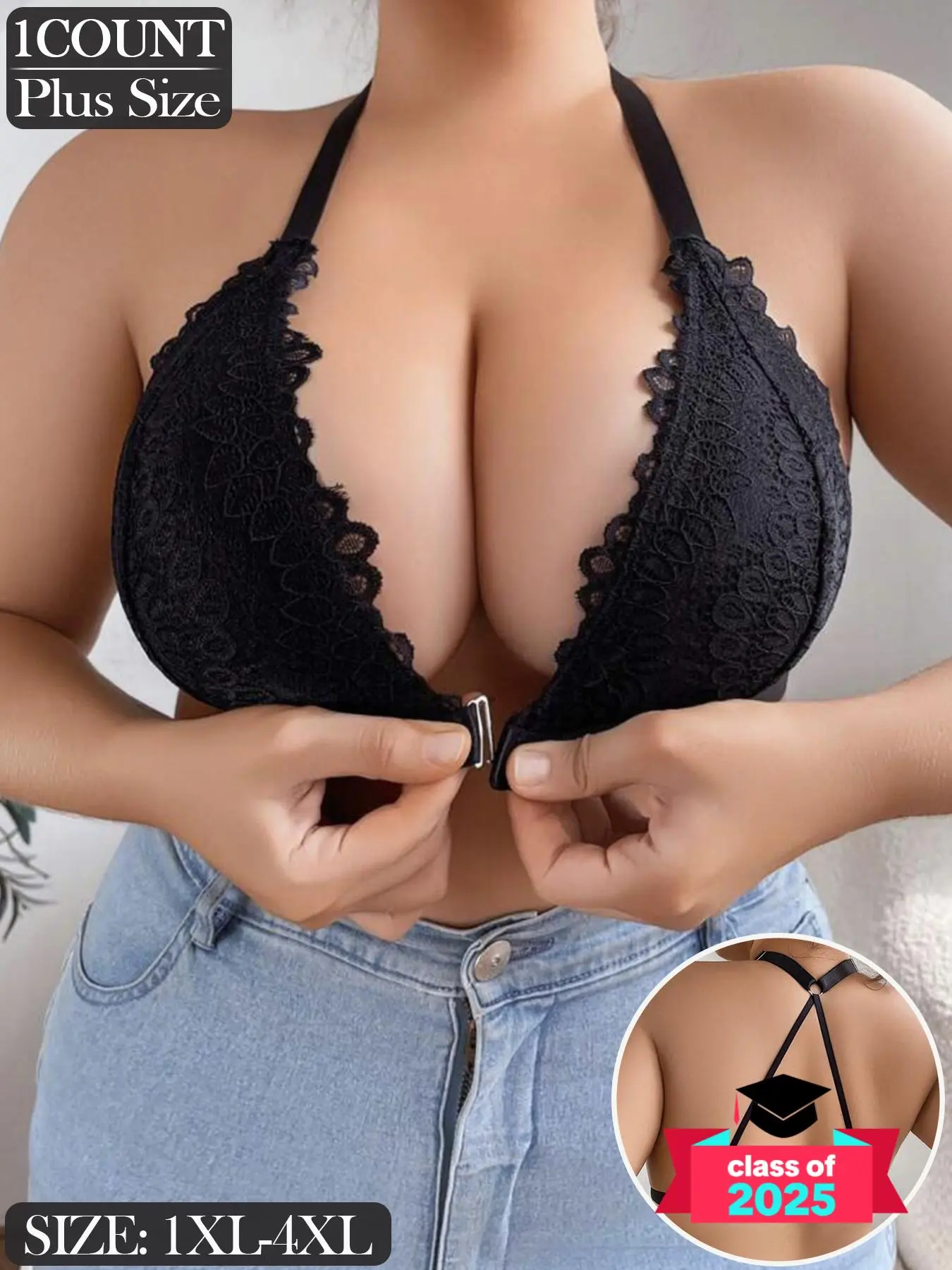 【Plus Size】Buckle Front Crossed Back Lace Bralette, Elegant Comfortable Wireless Bra for Daily Wear, Women's Plus Size Lingerie for All Seasons