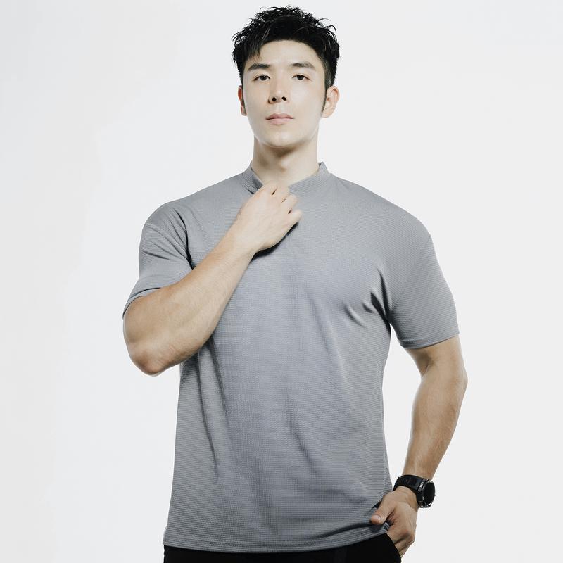 Summer Men's Sporty Casual Running Fitness Solid Buttoned Stand Collar Short Sleeve Cool Feeling Quick Dry T-Shirt 7