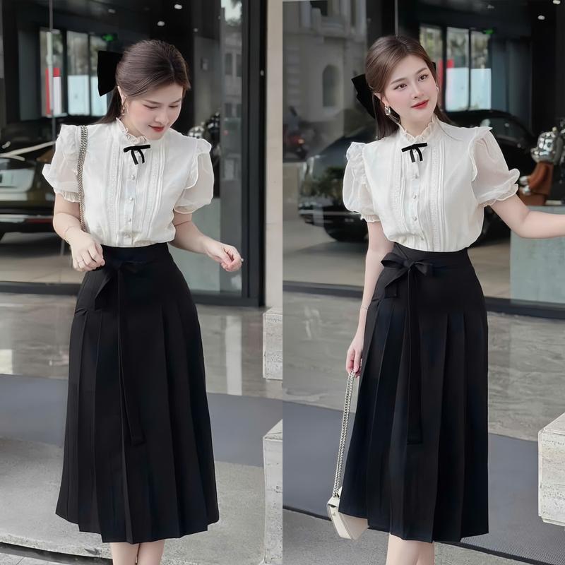  Set đồ nữ áo sơ mi lụa phối tay voan bồng đính nút đính nơ kèm chân váy dài xếp ly sang chảnh dành cho các nàng diện đi chơi đi tiệc Women Top 
