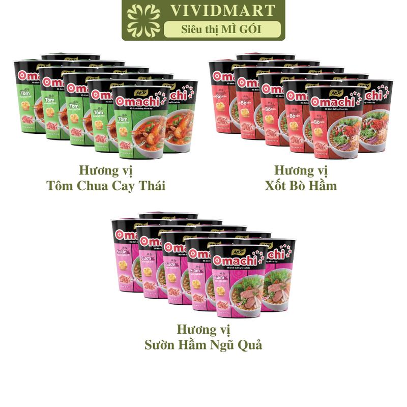 [SET 10 LY] - MASAN - Mì ly OMACHI KHÔNG THỊT 3 hương vị: Xốt Bò Hầm, Sườn Hầm Ngũ Quả, Tôm Chua Cay - (66-72g/ly) - Mì ly ăn liền không thịt Omachi, Mì ly khoai tây Omachi, Mì ly healthy không chiên Omachi