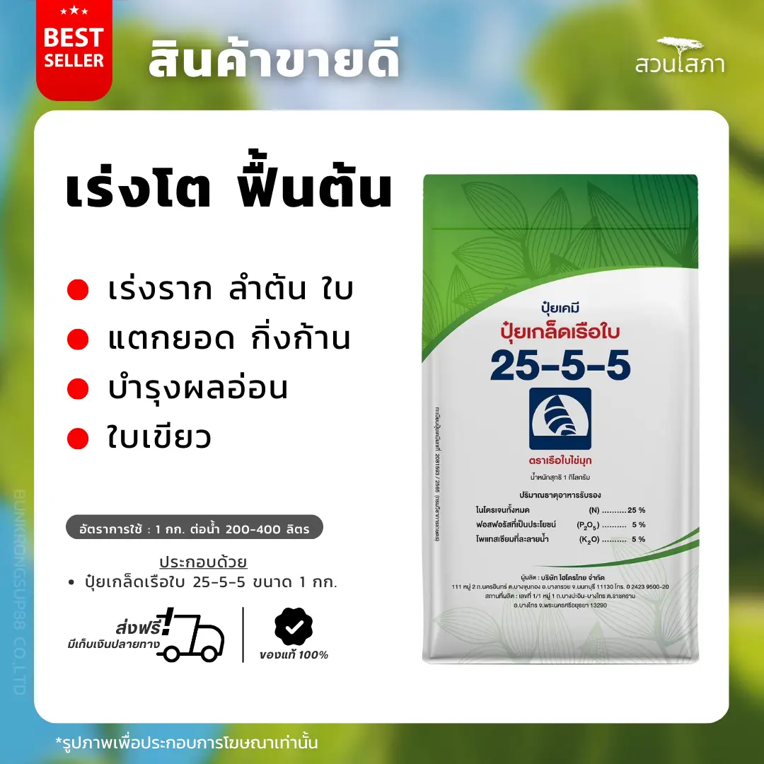 ปุ๋ยเกล็ด 25-5-5 ตราเรือใบ (เซต 3 กก.) "สั่งซื้อ 6 กก. ขึ้นไป แถมฟรี!! เร่งเขียว 1 ลิตร" เร่งต้น เร่งใบ ใบเขียว ฟื้นฟูต้น ขนาด 1 กิโลกรัม