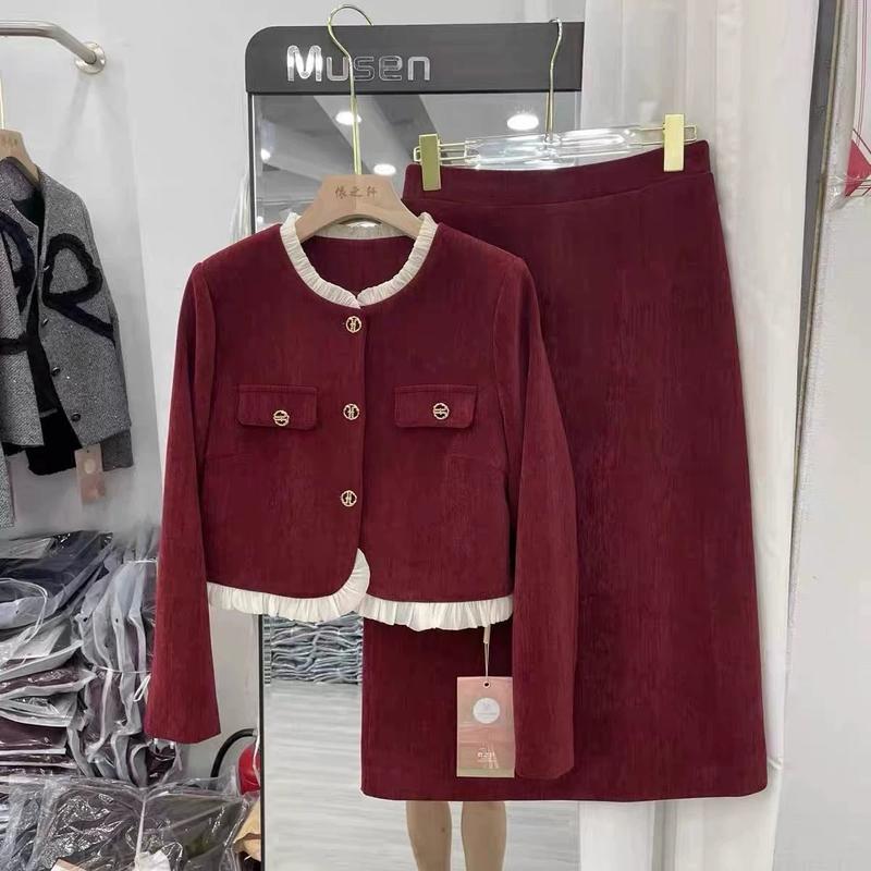 Set bộ áo khoác chân váy dạ nhung hàng Quảng Châu chất đẹp Gọn Bigsize Women Nữ gân