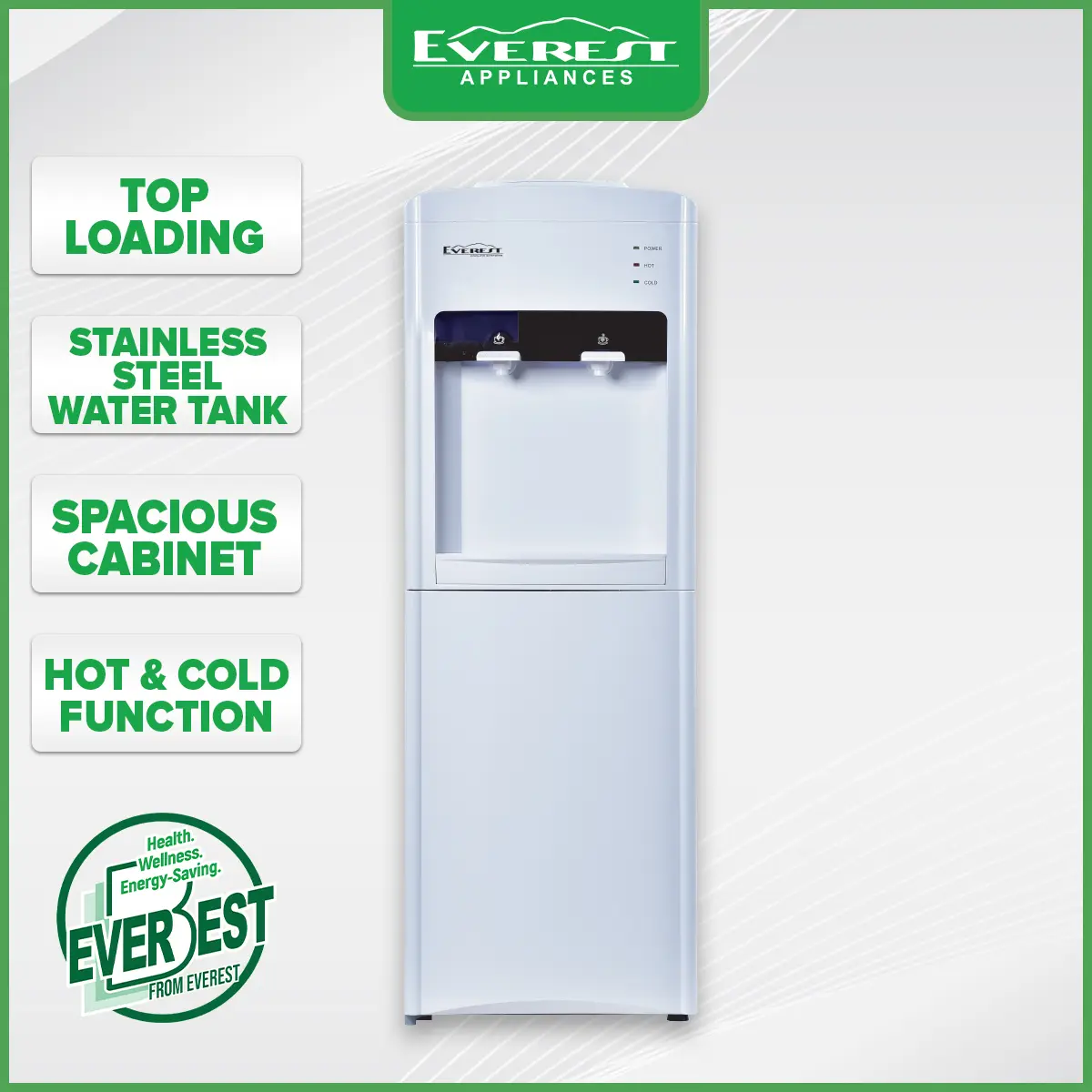 Everest Top Load Water Dispenser, Hot and Cold Water, Stainless Steel and Weld, With Bottom Spacious Cabinet, White