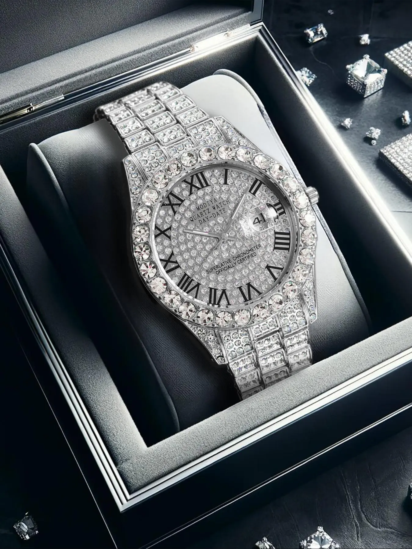 Men's Casual Rhinestone Decorated Analog Quartz Watch, Fashion Watch for Party, Daily Clothing Decor, Trendy All-match & Exquisite Watch for Birthday Gift with Box