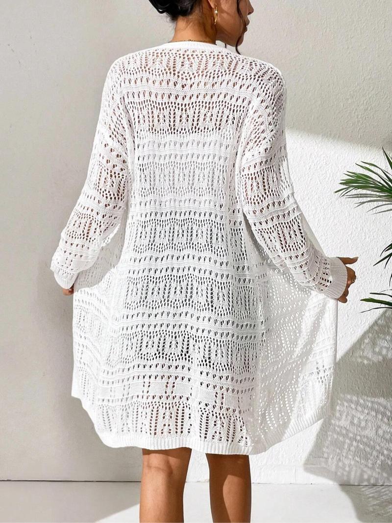 Product Introduction of Women's Solid Hollow Out Sheer Open Front Cardigan, Casual Drop Shoulder Long Sleeve Outerwear for Summer, Fashion Women's Clothing for Daily Wear 2