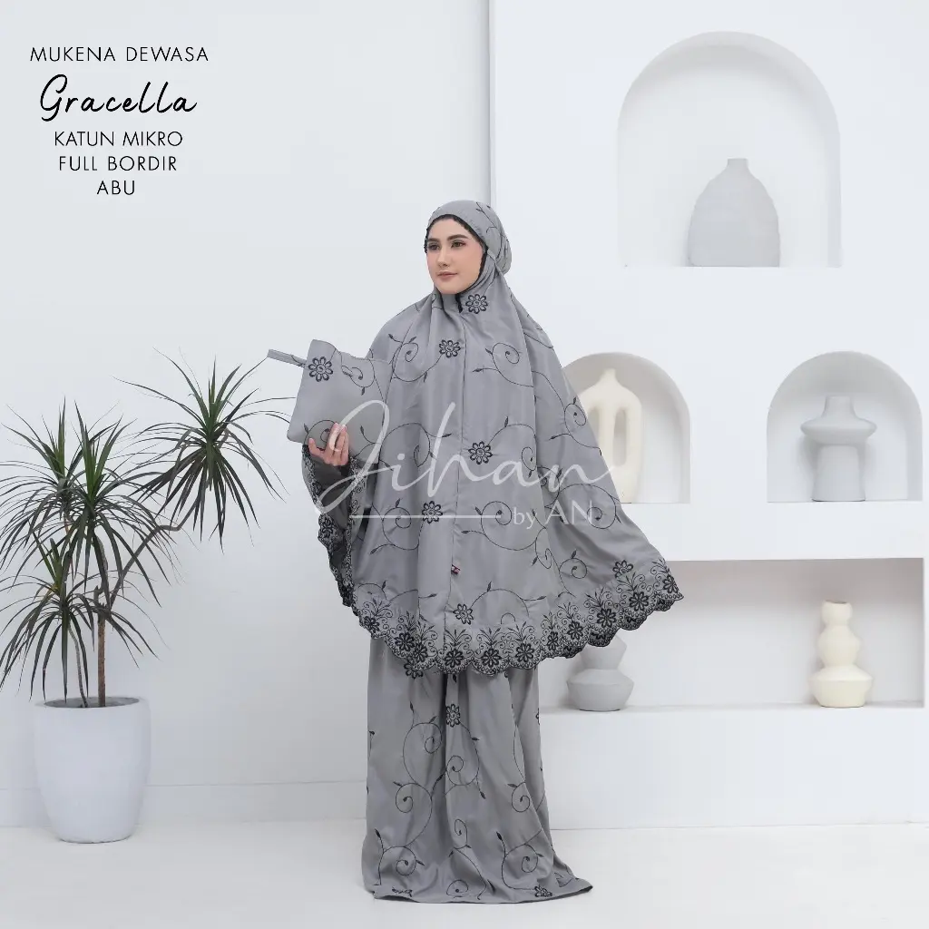 Mukena Dewasa Gracela Katun Mikro Full Bordir Bunga Teratai Katun Katun Mukenah Muslim