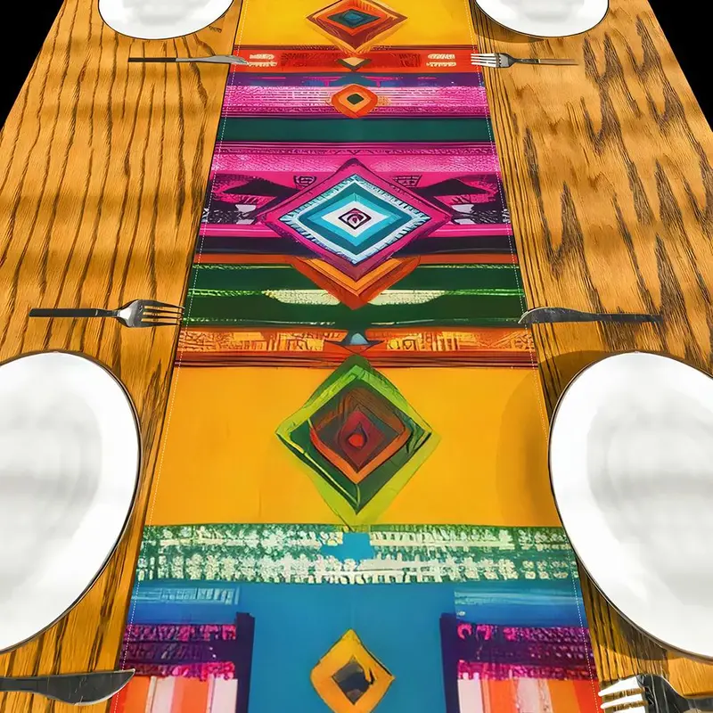 Colorful Geometric Pattern Table Runner, Durable Decoration for Kitchen, Dining, Indoor Outdoor Family Gatherings, Perfect for Festive Celebrations Home Parties 4