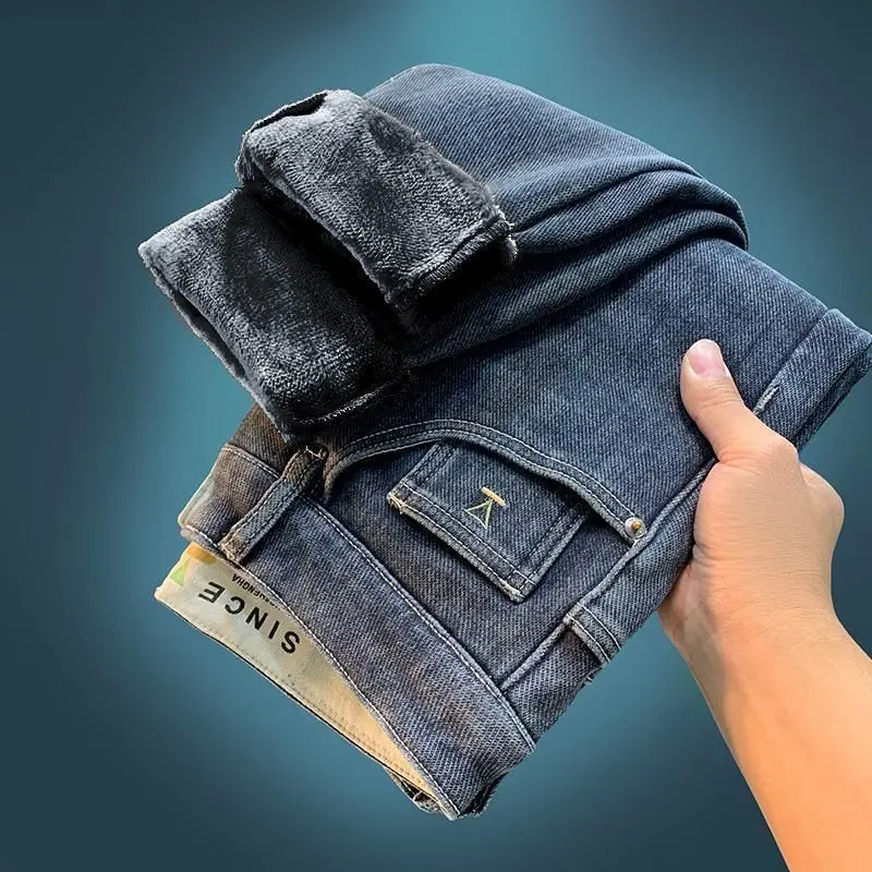 Quần Jean Lót Lông Cừu, Dành Cho Nam Giới, Thương Hiệu Hợp Xu Hướng Mới, Quần Cao Cấp Co Giãn, Quần Mỏng Dáng Suông Và Mỏng, Thích Hợp Cho Mùa Thu Và Mùa Đông, 2024