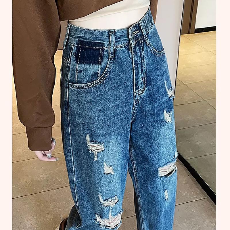 Product Introduction of Quần Jean Baggy Nữ BigSize Lưng Cao Rách bụi, Phong Cách Hàn Quốc, Màu Xanh Đá Đậm Rách 3006 3007 Lưng Chun Denim Pants Women 6