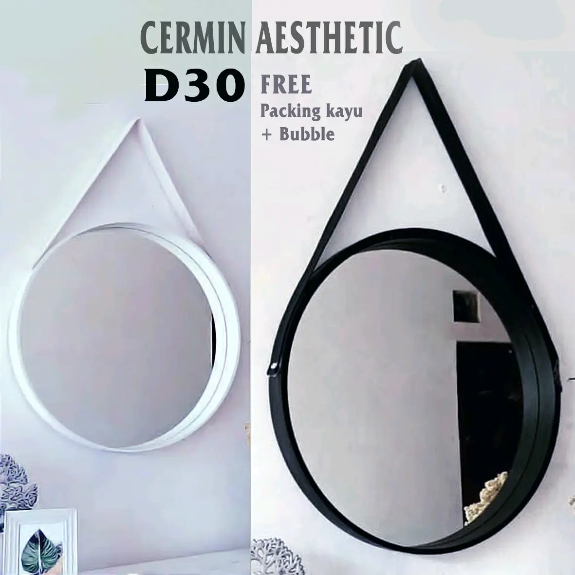 Cermin Bulat Aesthetic / Cermin dinding gantung tali kaca satu