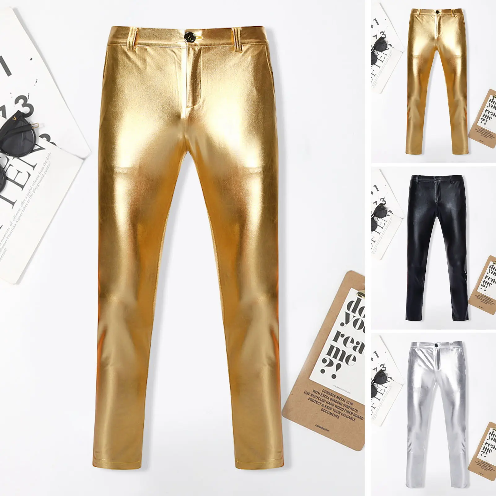 Men Trousers Solid Color Skinny Fit Elastic All-Match Comfortable Fashion Nightclub Party Dance Pants
