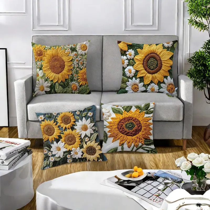Sunflower & Daisy Pattern Cushion Cover, 4 Counts/set Floral Pattern Cushion Cover without Filler, Household Decoration Supplies for Home Living Room Bedroom 3