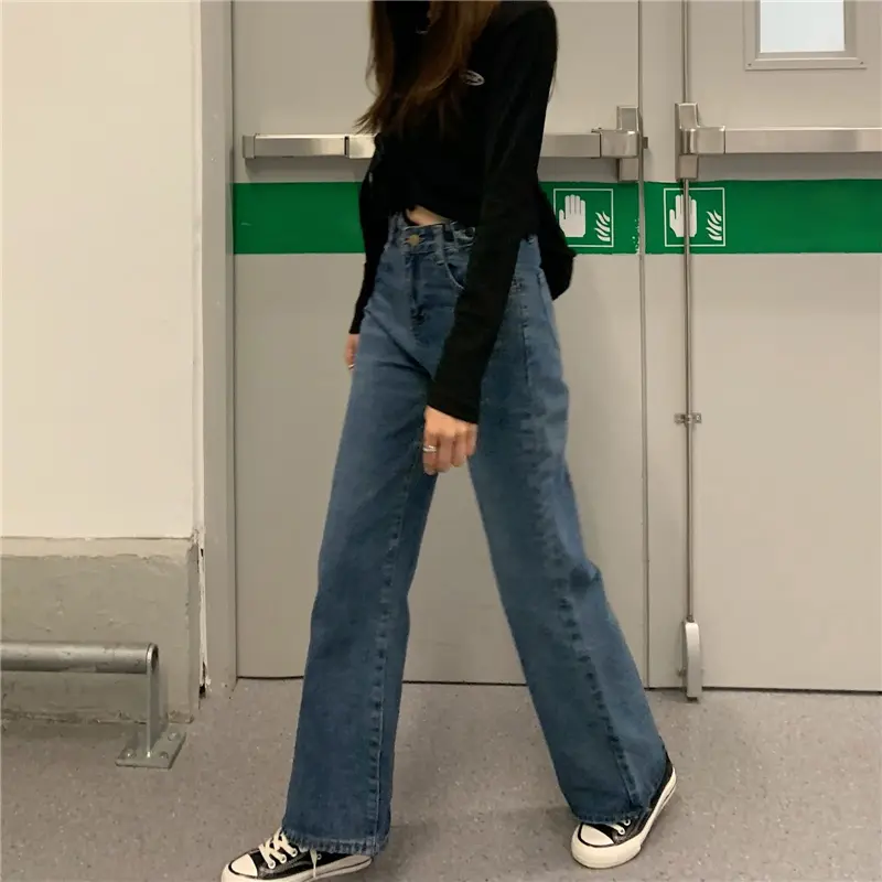 Korean style biru laut vintage loose straight high waist celana jeans wanita(gambar fisik)--8093 6