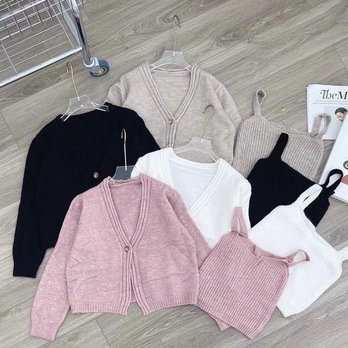 Sét Áo Choàng Kèm Áo 2 Dây Chất Len Mềm 4 Màu Đen Trắng Hồng Nâu QC Mặc Thu Đông Nữ Co Giãn Tốt Dễ Phối Đồ