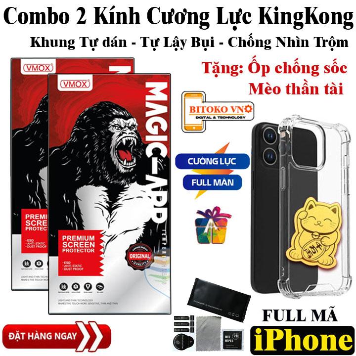 COMBO 2 kính cường lực iphone khung tự dán, tự lấy bụi tại nhà, cường lực kingkong Vmox chống nhìn trộm, chống bán vân tay, chống vỡ, xước màn hình, cuong luc kingkong Full màn tặng kèm ốp chống sốc, mèo thần tài