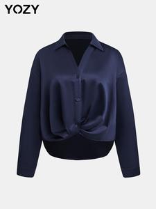 YOZY Women's Plain Button Front Drop Shoulder Satin Blouse, Casual Long Sleeve Collared Top for Daily Wear, Ladies Clothes for All Seasons