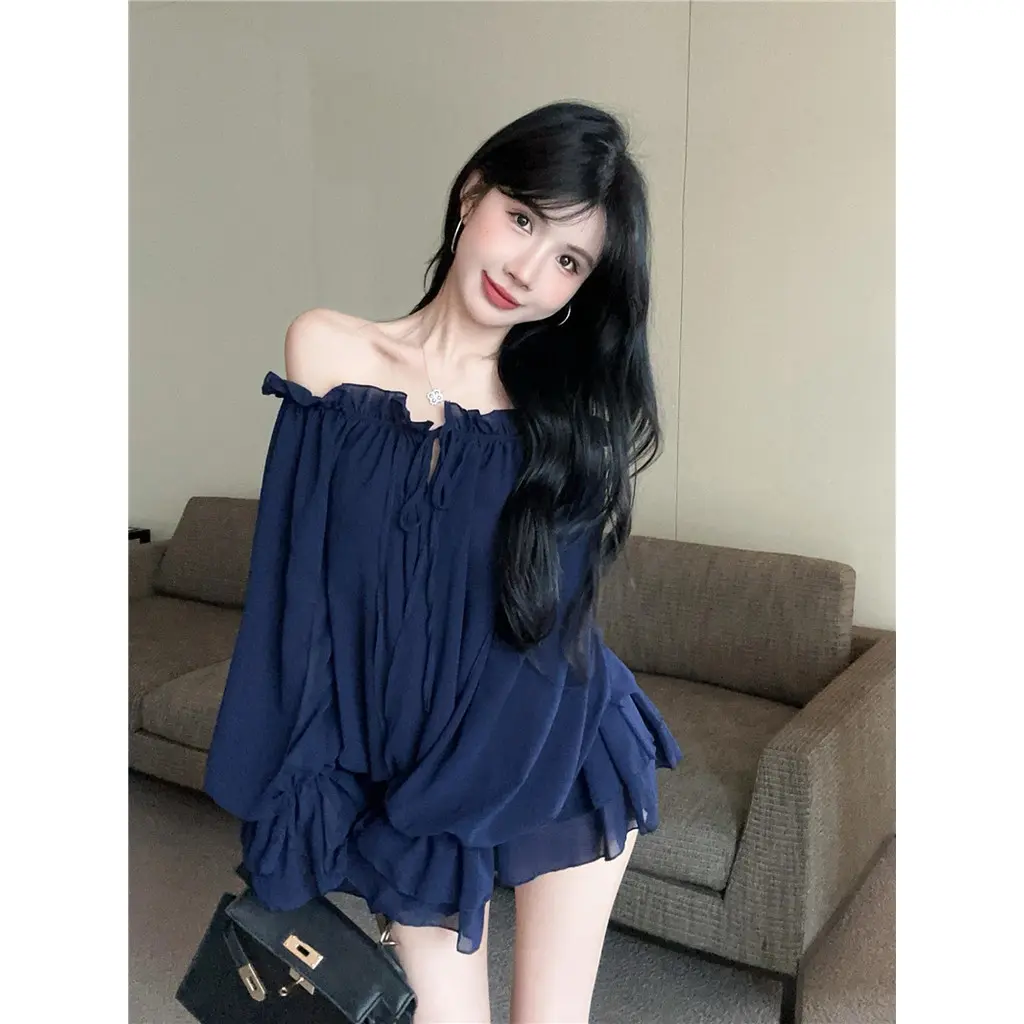 Áo Voan, Thời Trang Thường Ngày Mùa Thu, Thiết Kế Dây Rút Mức Cánh Hoa Dáng Rộng, Áo Lưới Trễ Vai Nữ