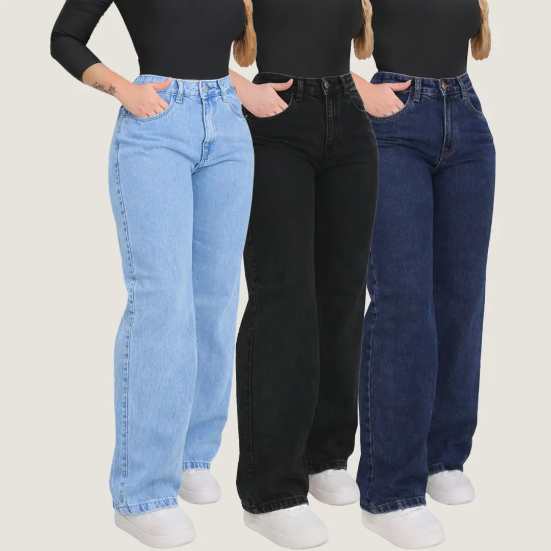 Kit 3 Calça Jeans Wide Leg Pantalona Cintura Alta Jeans