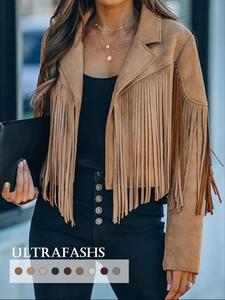 Chaqueta de cuero PU de color sólido con ribete de flecos para mujer, ropa de abrigo casual de manga larga con cuello para primavera y otoño, ropa de damas para uso diario