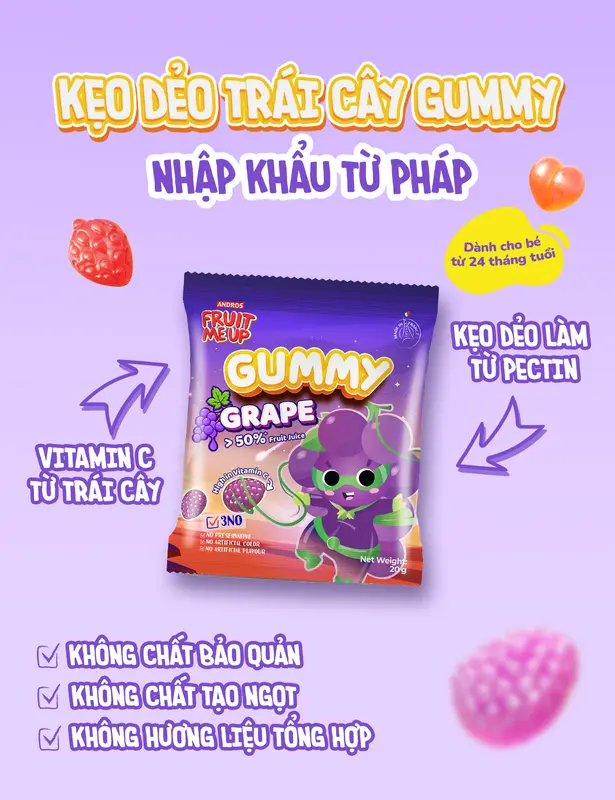 [QUÀ TẶNG KHÔNG BÁN] Combo 1 Túi Kẹo Dẻo Nho Gummy 20G - Thức Ăn Vặt Trái Cây Vị Chua Ngọt - ANDROS FRUIT ME UP - 20g - Snack & Candy 3