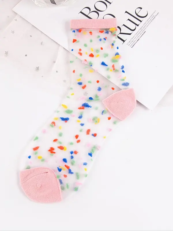 Women's 5 Pairs Contrast Mesh Sheer Crew Socks, Casual Fashionable All Over Print Socks for Daily Wear, Comfy Breathable Socks for Women 5