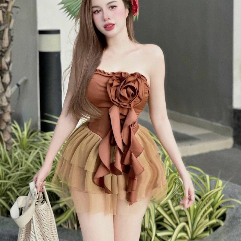 Set Đầm Ống Cúp Ngực Phối Hoa Hồng Tua Rua Váy Xoè Kèm Quần Thời Trang Nữ