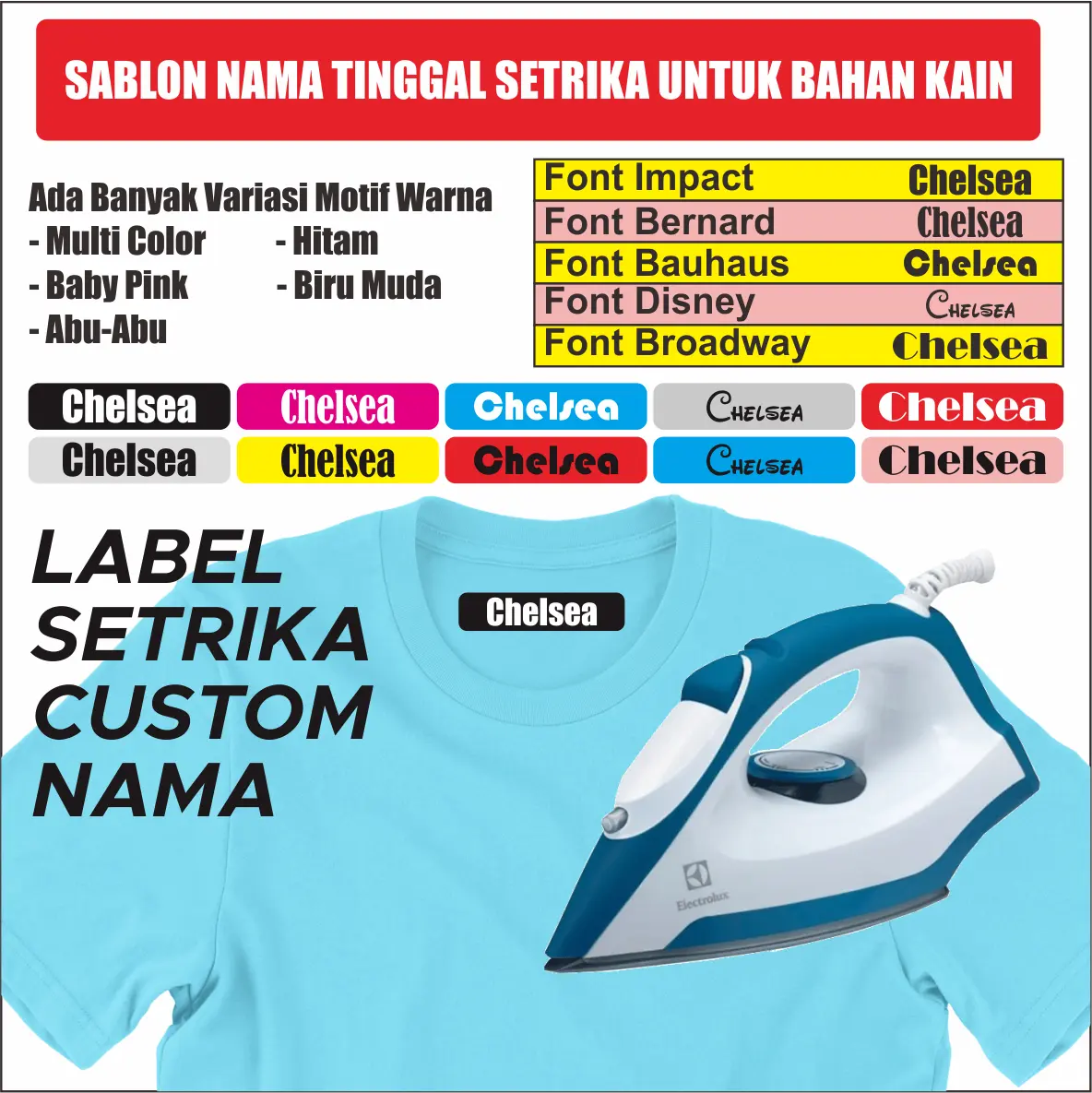 BA139 Sticker Nama Label Printing Kain / Kaos Sablon Setrika Isi 50pcs Gratis Custom Nama