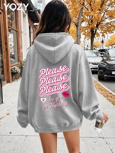 YOZY Women's Letter Print Drop Shoulder Thermal Lined Hoodie, Fashion Casual Pocket Hooded Sweatshirt for Daily Holiday Outdoor Wear, Women Clothing for Fall & Winter