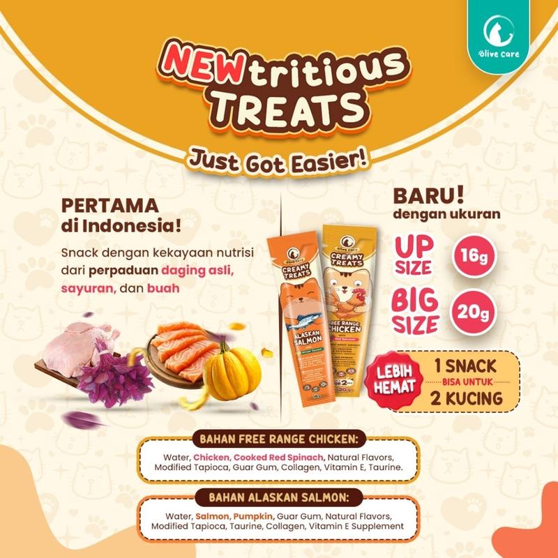 Olive Care PAKET CREAMY TREATS 16gr & 20gr isi 5 Tubes Snack Cemilan Kucing Bernutrisi dengan Daging Ayam/Salmon Asli & Red Spinach/Winter Squash 1