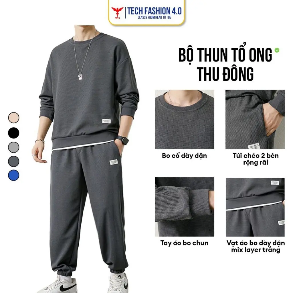 【XẢ TỒN】Đồ bộ quần áo dài thu đông chất tổ ong kiểu dáng thể thao