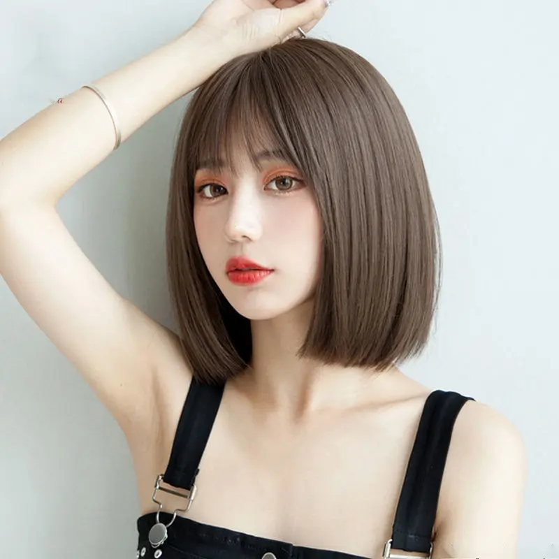 Short Straight Hair Wig For Woman Full Head Bangs Wig Light Brown Wig natural realistic bob head wig high temperature silk rose inner net full head cover wigs
