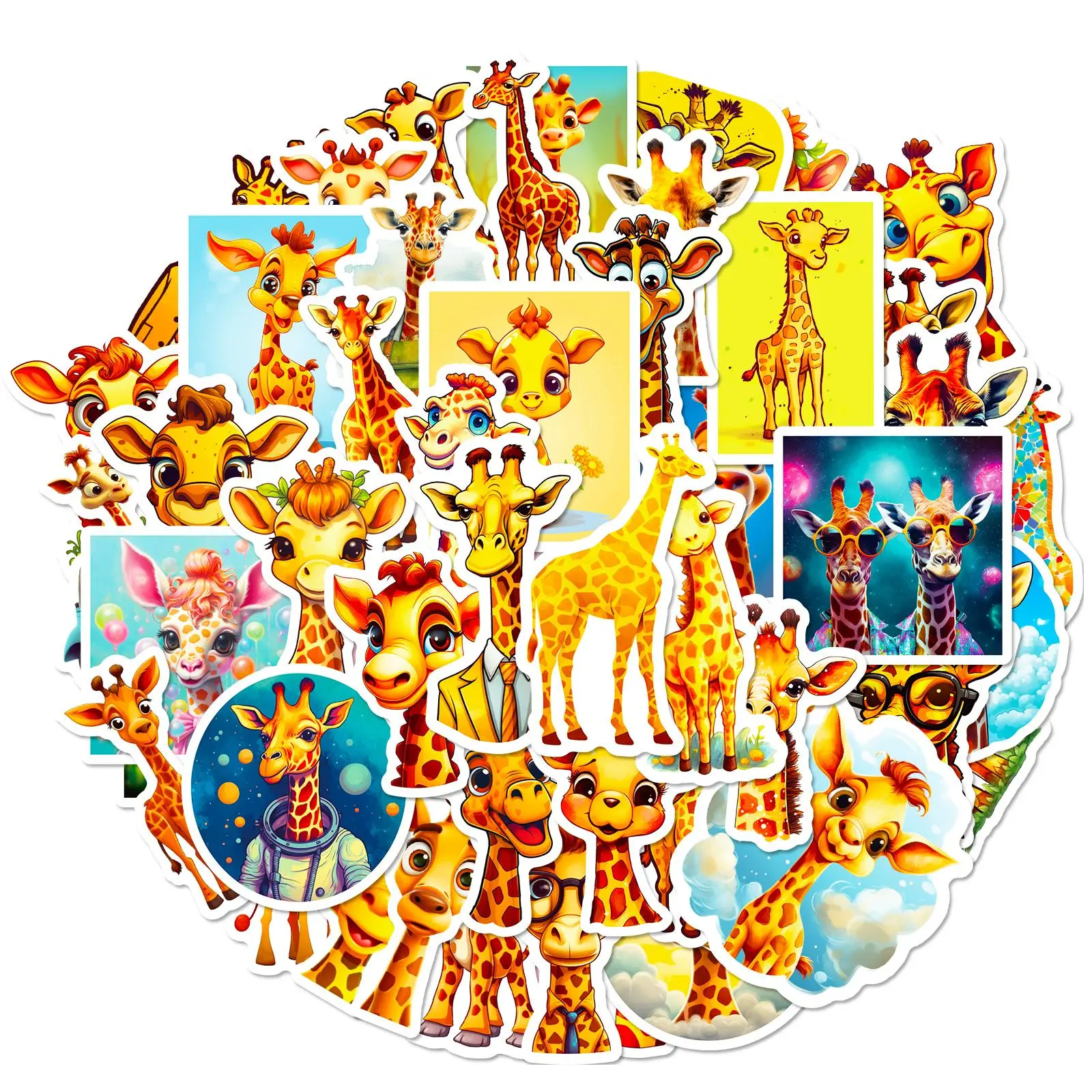 50pcs Cartoon Giraffe Pattern Sticker, Waterproof Decoration Sticker For DIY Scrapbook Water Bottle Guitar Computer Mobile Phone Helmet Car Bike Luggage Laptop Skateboard Suitcase