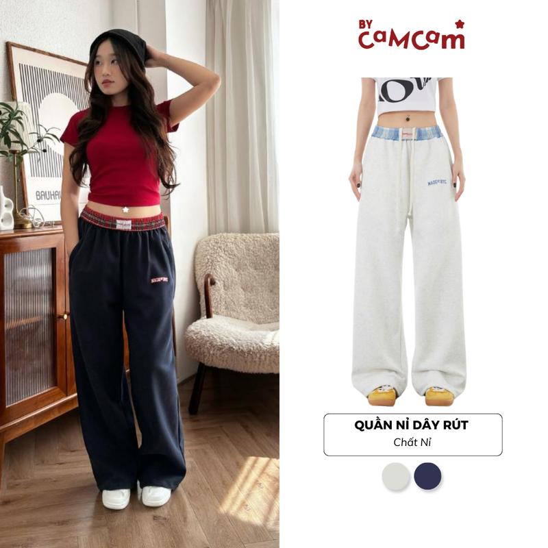 QUẦN NỈ QN01 Bycamcam Dây Rút Dài Ống Rộng Có Thêu Logo Nam Nữ