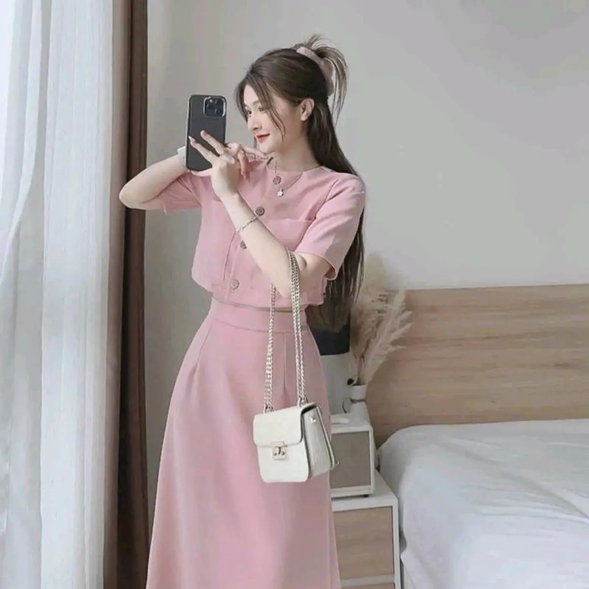 Set chân váy kèm áo tay lỡ lịch sự dễ thương đi chơi đi làm đều xinh Set váy Nữ
