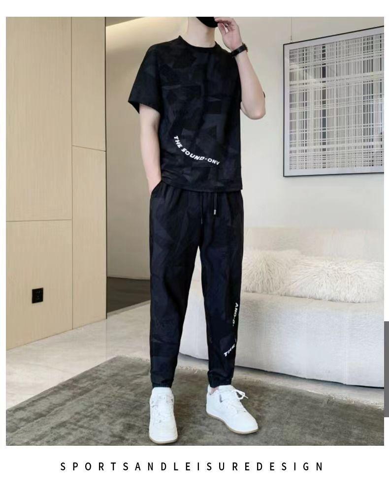 Product Introduction of Wolf Warrior Family Summer Ice Silk Casual Set Men's Short Sleeve T-Shirt Trendy Stylish Sportswear Shorts Two-Piece Set Sneakers 32