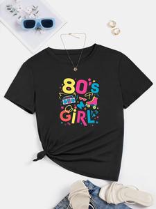 ImprinTee Women's Cartoon & Letter Print Round Neck Tee, Vintage Crew Neck Short Sleeve T-Shirt, Ladies Summer Outfit