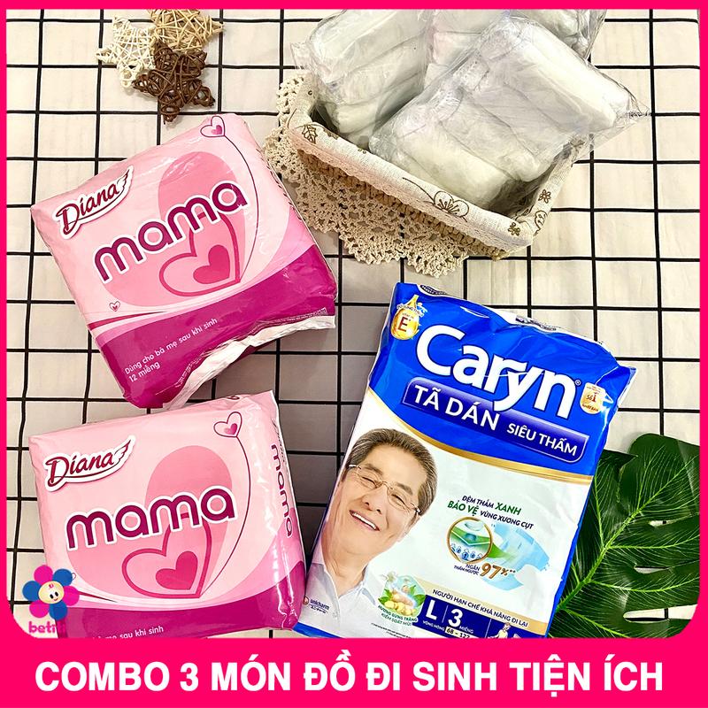 Gói Combo Đi Sinh Cho Mẹ Của Nhà Betiti- Combo 3 Quần Lót Giấy Cotton + 2 Băng Vệ Sinh Mama + 1 Bịch Bỉm Dán Caryn 3 Miếng Nữ Women