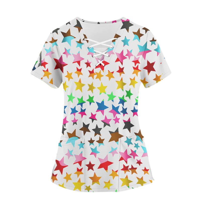 Product Introduction of Women Print Nurse Uniform Plus Size Summer Short Sleeve V-neck Tops Nursing Working Uniform T-shirts Clinic Protective Clothing 13